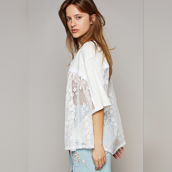 POL Round Neck Short Sleeve Lace Top - Picture 2 of 4